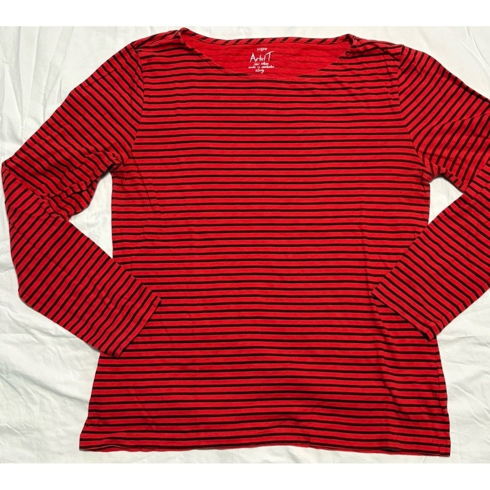 J.Crew Women Red And Black Striped Artist Style T Shirt , Size XL Long Sleeve